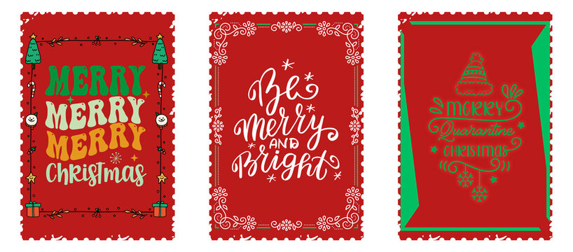 Collection of festive christmas stamp designs featuring holiday greetings and winter motifs.