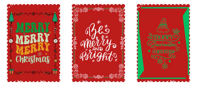 Collection of festive christmas stamp designs featuring holiday greetings and winter motifs.