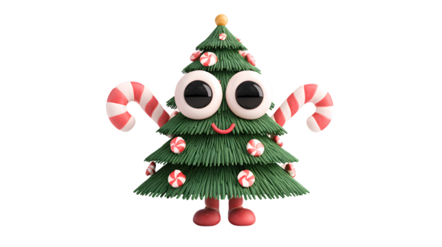 Cute Christmas tree cartoon character with candies isolated on white background