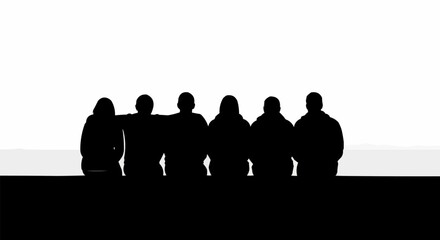 Silhouette of six friends standing together in unity and friendship.