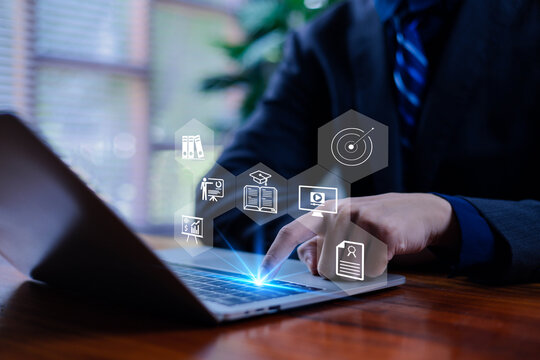 Man with virtual screen Online Education Concept Choose the correct answer Online Digital Technology Concept Online Learning Training Course Digital