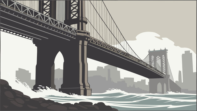 Detailed vector of brooklyn bridge and city skyline suitable for posters, websites, and editorial designs capturing iconic new york city scene.