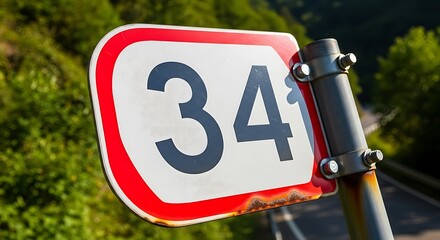 Speed limit sign showing 34 in a white and red border, set against a blurred natural background