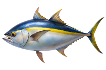 Detailed illustration of a yellowfin tuna fish swimming, isolated on transparent background, showcasing its distinctive blue and yellow markings and streamlined body shape for marine life study