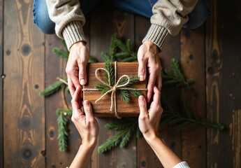Top-down shot of a senior couple's hands unwrapping a vintage wooden gift box on a rustic wood floor scattered with pine needles.