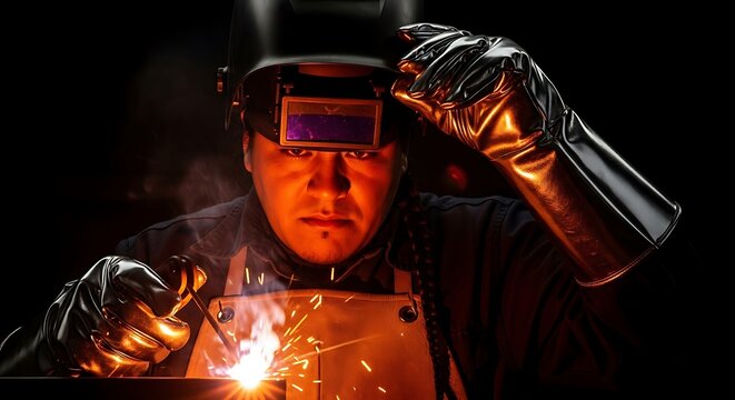 Welder working with a welding machine sparks flying wearing protective gear in a dark industrial setting