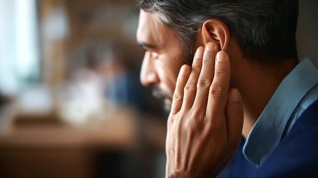 Close up of hand cupping ear face obscured hearing difficulty auditory strain listening problem ear concern hearing loss sound sensitivity quiet background defocused with
