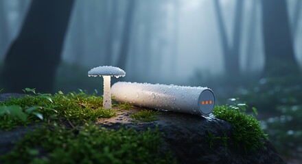 Modern electronic cigarette device on moss with mushroom innovative smoking technology alternative to traditional cigarettes