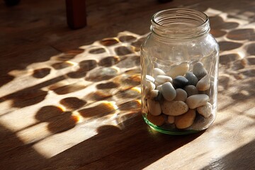 a glass jar with pebbles