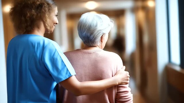 Healthcare worker in scrubs supporting elderly patient from behind faces not shown assisted walking senior mobility help in home nursing care eldercare support geriatric assi
