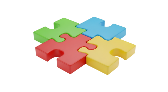 Four Interlocking 3D Puzzle Pieces in Primary Colors - Powered by Adobe
