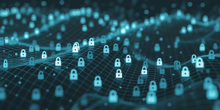 Digital Landscape of Glowing Padlocks on a Futuristic Network Grid digital security cybersecurity