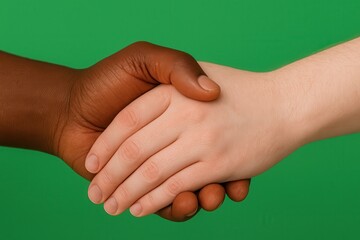 black hands holding white hand on greenscreen
