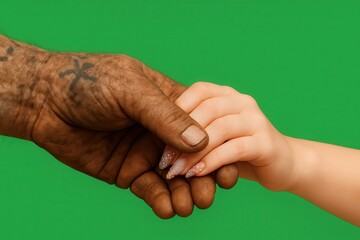 hands of the elderly man holding a child's hand on greenscreen