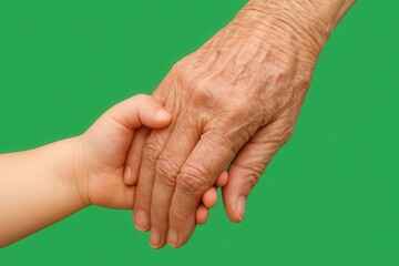 hand of the elderly woman holding hand of a child on greenscreen
