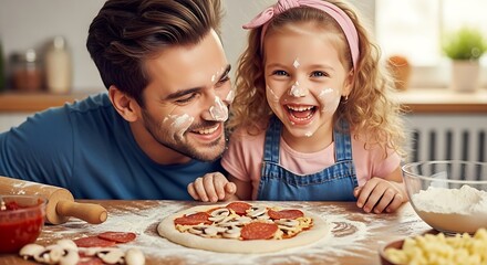 Happy father and daughter making pizza together in the kitchen enjoying family time preparing homemade food