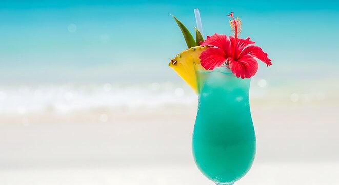 Tropical blue cocktail with pineapple and hibiscus refreshing summer drink on a white sand beach perfect for vacation and relaxati