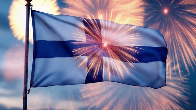 Finland flag waving proudly with vibrant fireworks display celebrating national pride and independence day spirit, a powerful symbol of patriotism
