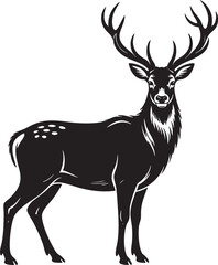 Obraz premium A striking black silhouette of a stag with large, branching antlers stands proudly against a white background.