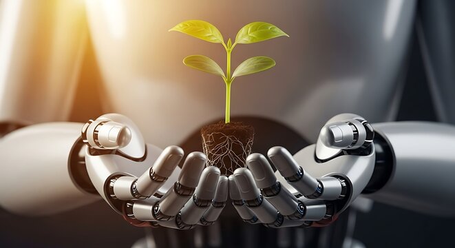 Robot holding a plant seedling futuristic technology concept artificial intelligence and environmental conservation
