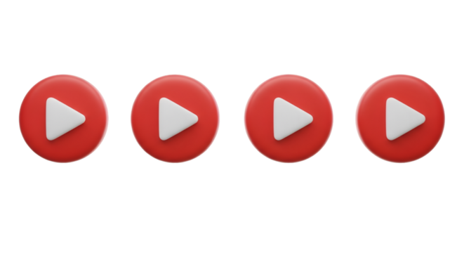 Four red play buttons in a row on black background - Powered by Adobe