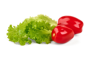 Two shiny red cherry tomatoes and vibrant green lettuce leaves, showing fresh produce, isolated on white background
