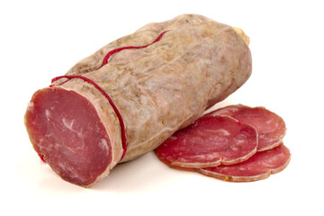 Saucisson Sec, French Dried Sausage Slices, isolated on white background