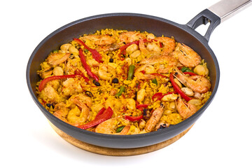 Paella with Shrimp and Red Peppers, isolated on white background