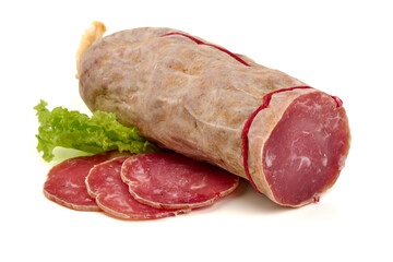 Saucisson Sec, sliced dry sausage, lettuce, isolated on white background