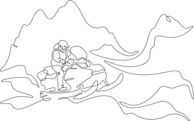 Continuous single line drawing snowmobile ride. Driver on a snowmobile against the background of mountains.Linear . One continuous line isolated minimalist illustration. Not AI.