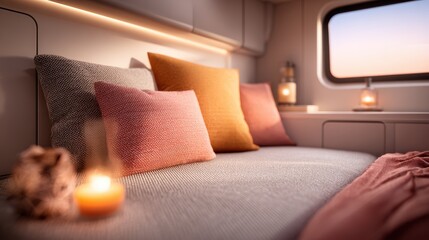 Cozy RV Interior: Pillows & Warm Light. Travel Stock Photo., Camping