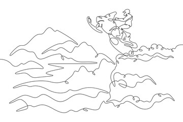 Continuous single line drawing snowmobile ride. Driver on a snowmobile against the background of mountains.Linear . One continuous line isolated minimalist illustration. Not AI.