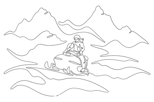 Continuous single line drawing snowmobile ride. Driver on a snowmobile against the background of mountains.Linear . One continuous line isolated minimalist illustration. Not AI.