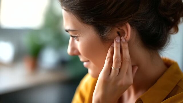 Woman's hand touching painful ear face partially visible ear pain otitis hearing discomfort ear infection tinnitus auditory problem medical concern home interior