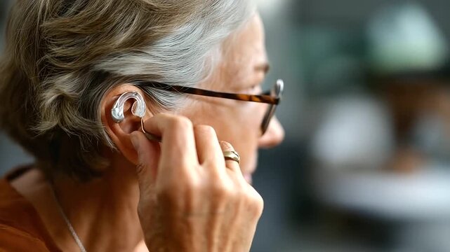 Female hand adjusting hearing aid face not shown hearing assistance auditory device hearing loss management medical device senior hearing assistive technology side profile