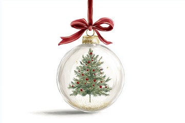 Elegant Watercolor Christmas Ornament Illustration: Glass Bauble with Pine Tree and Red Ribbon Isolated on White