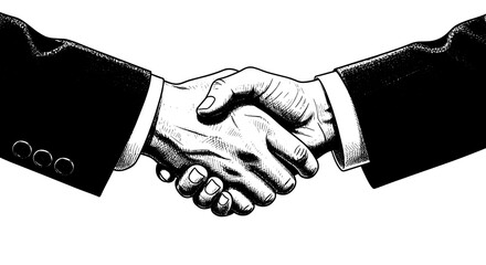 Business Handshake Agreement Illustration, Negotiations Concluding Deal with Professional Partners, Success in Corporate Finance, Teamwork in Workplace Environment, Modern Black and White Graphic, Ach