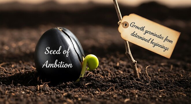 A seed sprouting to life with words about ambition and growth