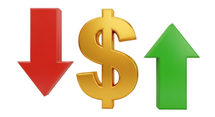 Gold Dollar Sign With Red Down Arrow And Green Up Arrow
