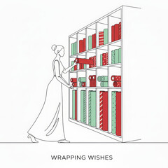 Elegant woman joyfully prepares for festive season, diligently selecting beautifully wrapped present from tall shelf unit. Her focused action conveys anticipation for giving