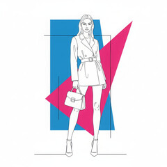 Confident woman showcases elegant fashion style minimalist line art illustration. She wears chic trench coat and holds handbag. Posed against an abstract background, geometric blue and pink shapes