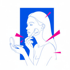 Young woman applying face powder with makeup brush, reflecting confident expression and elegant self care. Her beauty routine, captured minimalist line art, features vibrant blue background with