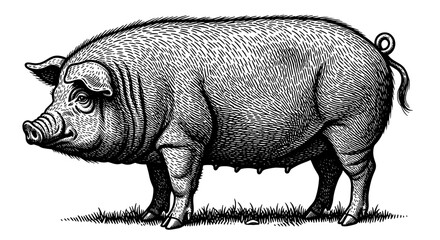 Vintage Pig Engraving Illustration Standing Tall in Field, Representing Agriculture and Farming Heritage. Detailed Line Art, Rustic Style, Animal Husbandry, Hog, Livestock, Traditional Farm, Meat Prod