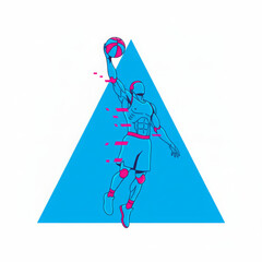 Dynamic graphic representation of male basketball player performing an energetic dunk. athlete powerful jump creates an exciting action scene, showcasing thrilling sport. striking design