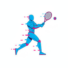 Focused robot player demonstrates dynamic action tennis sport. Digital illustration depicts humanoid figure with glitch effect, showcasing technology, abstract design, blue and pink colors