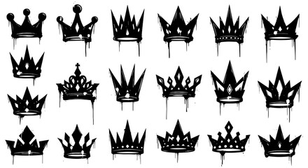 Collection of Dripping Crown Silhouettes for Modern Royalty: Vector Set of Grunge Style Imperial Icons with Graffiti Accents, Ideal for Fashion Branding, Music Album Art, and Tattoo Designs, Embodying