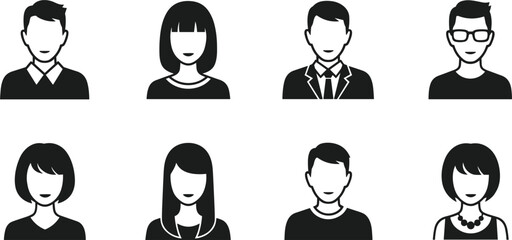 Eight Black And White Silhouette Icons Of Diverse People With Different Hairstyles woman