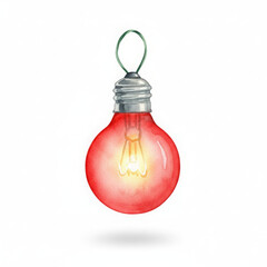 Vibrant red light bulb glows brightly, radiating warm, inviting light. Watercolor illustration captures its charming, handcrafted appearance, evoking festive joy and cozy cheer, ideal for holiday