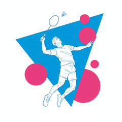 Dynamic badminton player leaps mid air, expertly hitting shuttlecock with powerful focus. athlete intense concentration reflects athletic skill and determination. Vibrant pink circles and bold