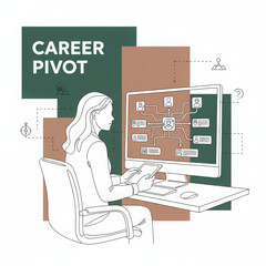 Focused woman contemplating career pivot, analyzing business data and growth opportunities computer monitor. She thoughtfully navigates strategic planning for professional development and new job